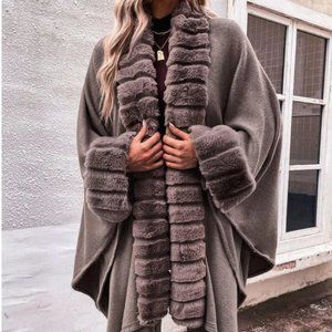 fuzzy trim batwing sleeve brown cardigan chic